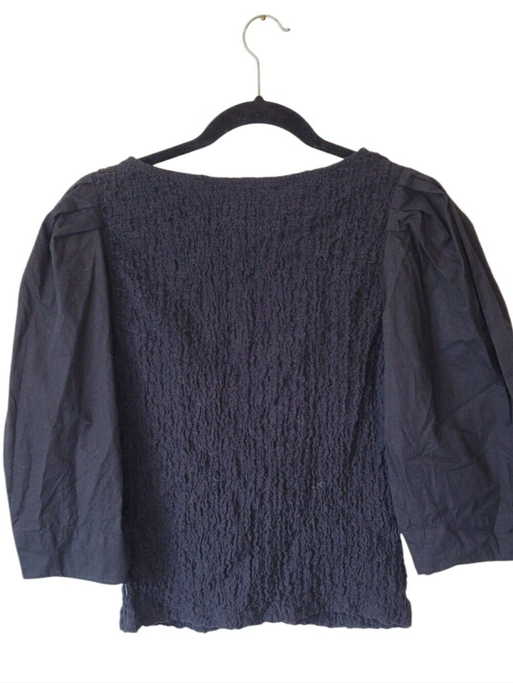 Anthropologie Black Textured Smocked Button-Front Puff Sleeve Top Size M - Picture 2 of 6